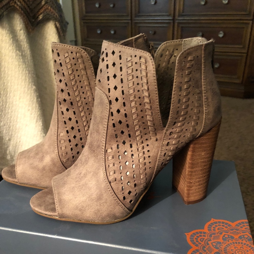 Suede peep toe booties